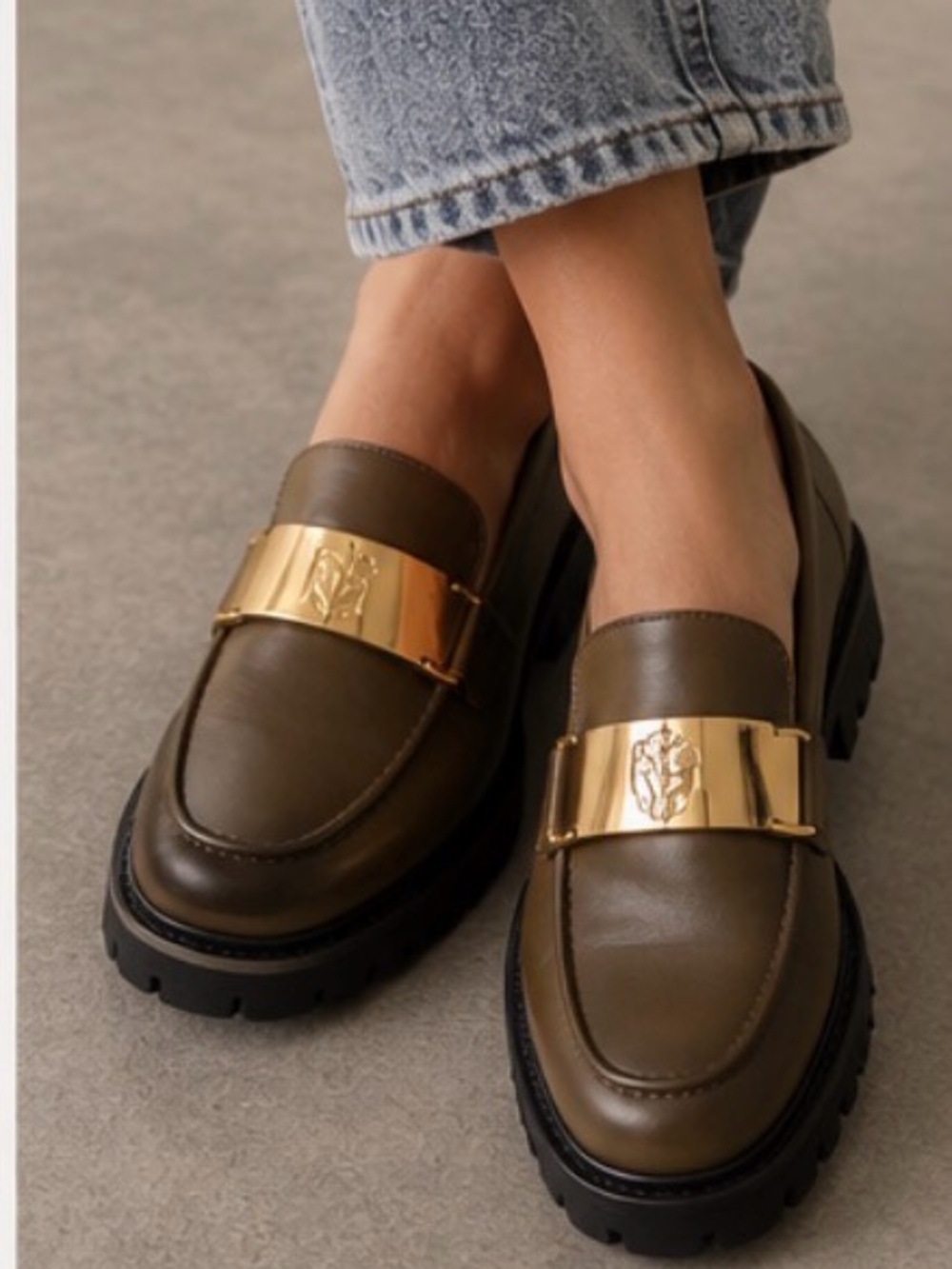 Maje Gold Hardware Leather Loafers – Khaki, Size 39